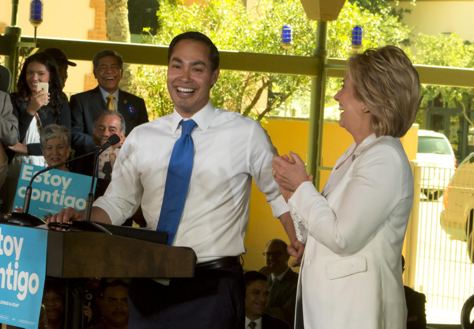 Castro campaigns with Hillary Clinton, right, on Oct. 15, 2015. In Clinton's consideration of Castro as a running mate, affordable housing activists saw an opportunity to pressure him. (Photo: GETTY IMAGES/ROBERT DAEMMRICH PHOTOGRAPHY INC)