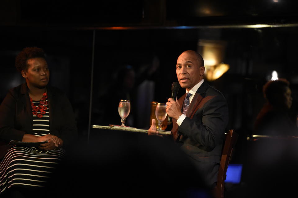 Democratic presidential hopeful and former Massachusetts Gov. Deval Patrick, right, fields questions during a campaign event at a restaurant, Tuesday, Nov. 19, 2019, in Columbia, S.C. (AP Photo/Meg Kinnard)