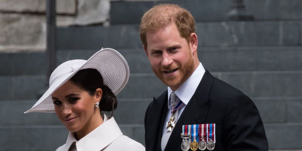 london, united kingdom   june 03 prince harry, duke of sussex and meghan, duchess of sussex leave st pauls cathedral after attending service of thanksgiving for the queens during the platinum jubilee celebrations in london, united kingdom on june 03, 2022 millions of people in the uk are set to join the four day celebrations marking the 70th year on the throne of britains longest reigning monarch, queen elizabeth ii, with over a billion viewers expected to watch the festivities around the world photo by wiktor szymanowiczanadolu agency via getty images