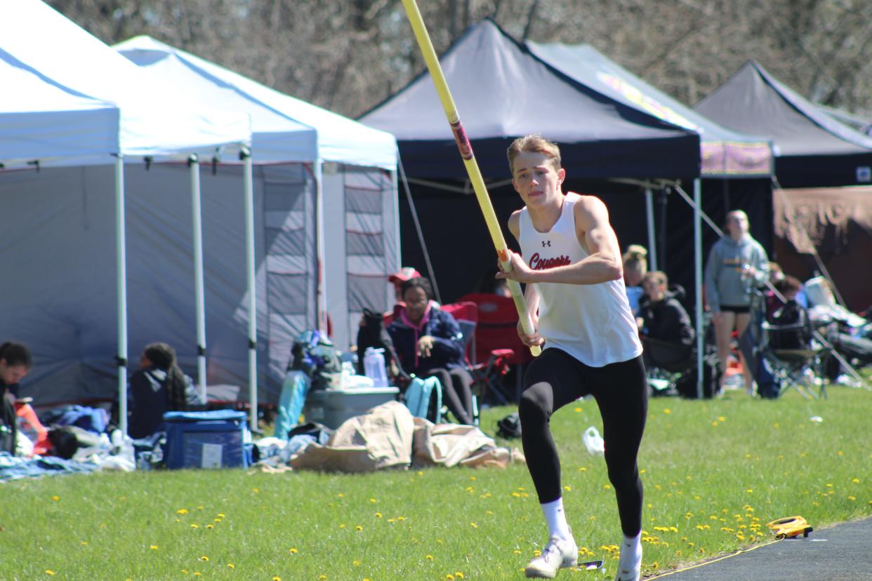 Crestview's Liam Kuhn finished first in the pole vault at the Mehock Relays.