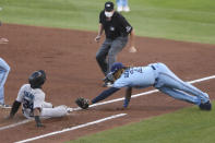 Miami Marlins' Magneuris Sierra is safe on first as Toronto Blue Jays' Vladimir Guerrero Jr. attempts to make the tag during the third inning of a baseball game, Wednesday, Aug. 12, 2020, in Buffalo, N.Y. (AP Photo/Jeffrey T. Barnes)