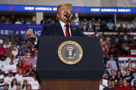 President Donald Trump speaks during a campaign rally at the Santa Ana Star Center, Monday, Sept. 16, 2019, in Rio Rancho, N.M. (AP Photo/Evan Vucci)