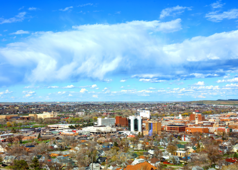 Aerial view of a city with a high density of buildings.