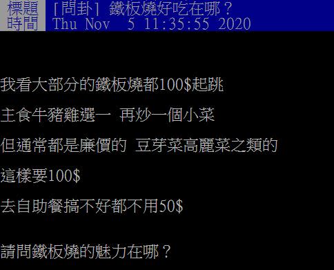 原PO向網友發問鐵板燒好吃在哪？（圖／翻攝自PTT）