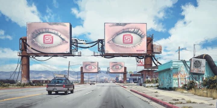 Billboards line the road in The Electric State