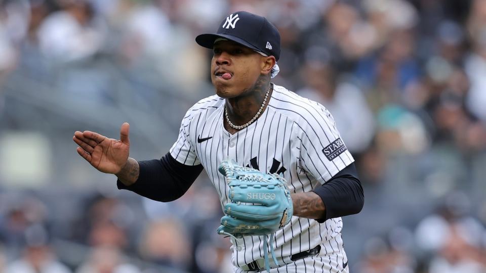 New York Yankees starting pitcher Marcus Stroman (0) claps after striking out Toronto Blue Jays first baseman Vladimir Guerrero Jr. (not pictured) during the fifth inning at Yankee Stadium.