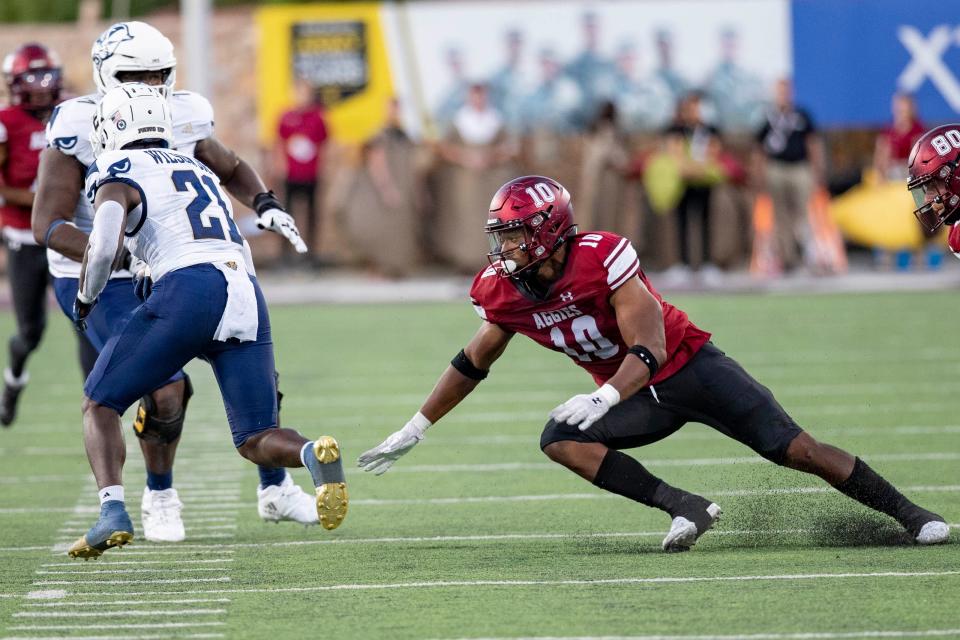 NMSU defensive lineman Lazarus Williams runs after an offense FIU player during a NMSU football game on Saturday, Oct. 1, 2022, at the Aggie Memorial Stadium. 