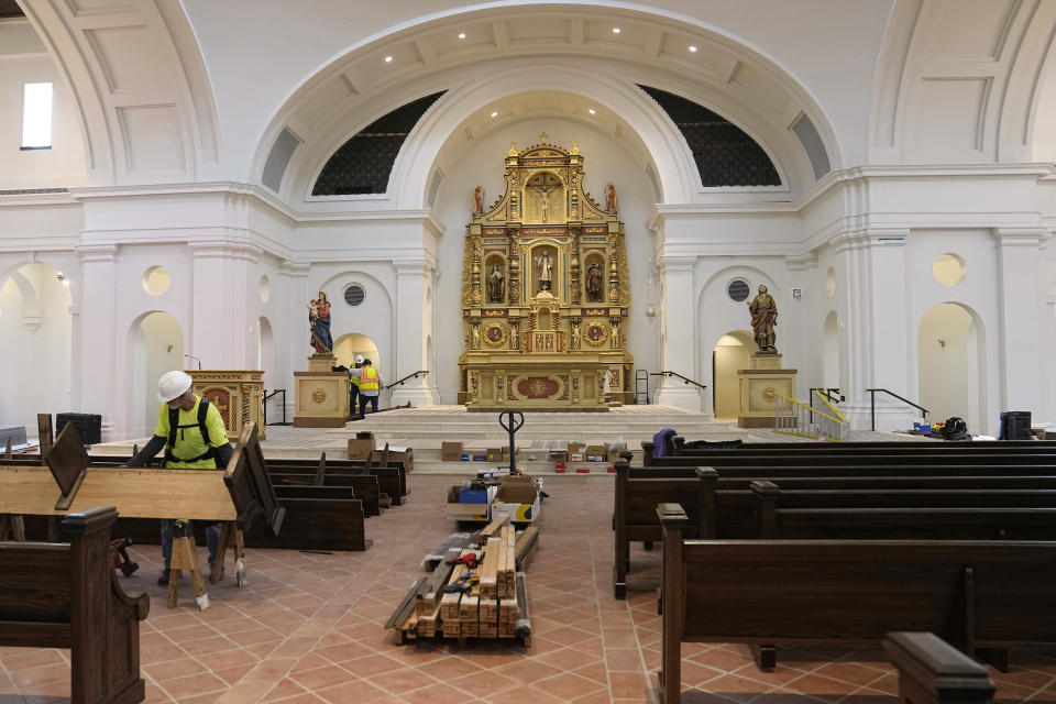 Work continues on the Blessed Stanley Rother Shrine, Thursday, Feb. 2, 2023, in Oklahoma City. A dedication Mass set for Friday, Feb. 17, 2023, will mark the official opening of the shrine, honoring Stanley Francis Rother, a missionary from Oklahoma, who was killed in Guatemala in 1981. (AP Photo/Sue Ogrocki)