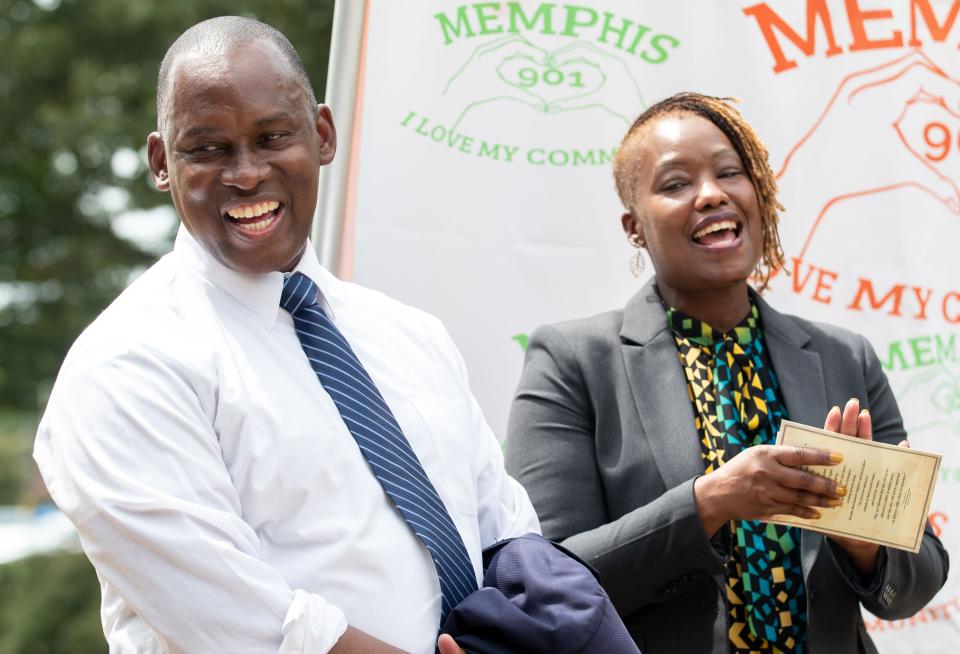 Former Shelby County Commissioner Van Turner laughs with his wife Tamara Turner after he announces his 2023 bid for Memphis mayor on Tuesday, Sept. 1, 2022, at Health Sciences Park in Memphis.