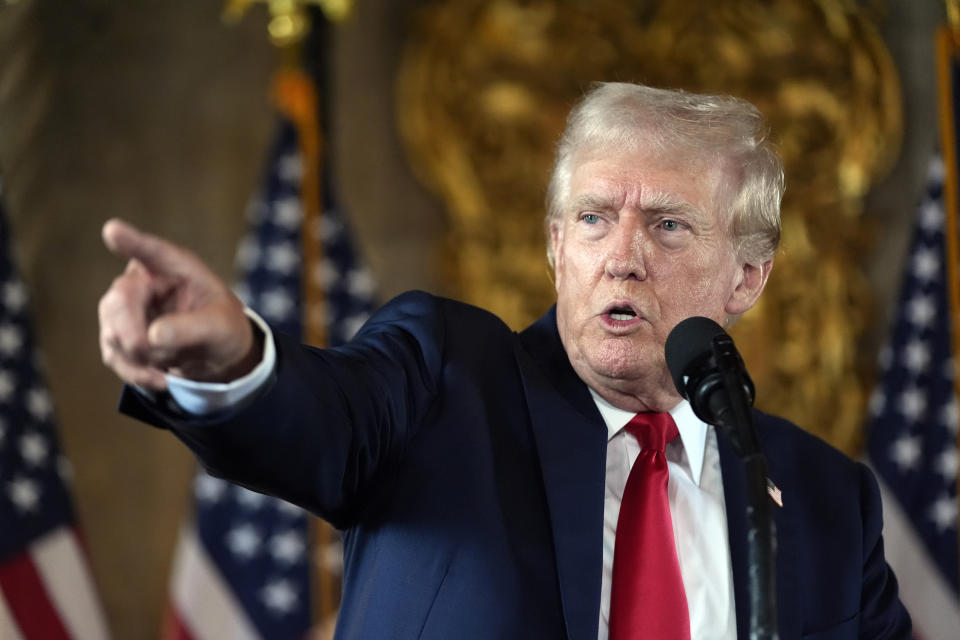 Republican presidential nominee former President Donald Trump speaks to reporters during a news conference at his Mar-a-Lago estate Thursday, Aug. 8, 2024, in Palm Beach, Fla. (AP Photo/Alex Brandon)