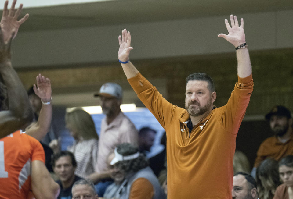 Texas head coach Chris Beard signals his team during the first half of an NCAA college basketball game against Texas Rio Grande Valley, Saturday, Nov. 26, 2022, in Austin, Texas. (AP Photo/Michael Thomas)