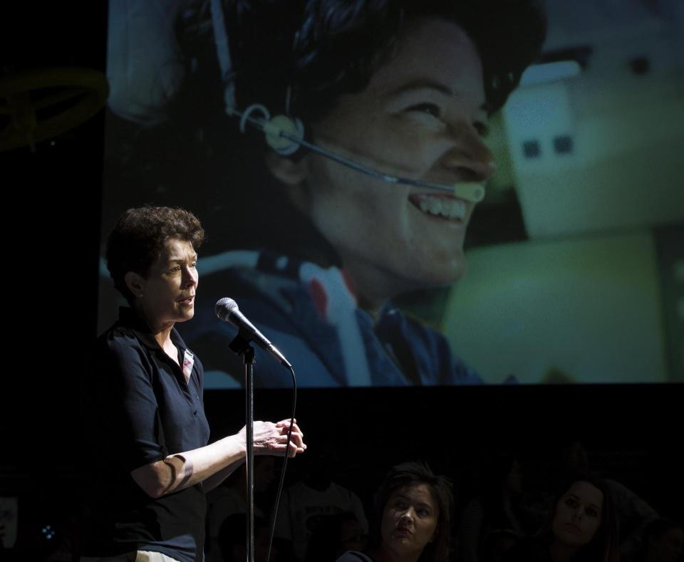 Sally Ride's life partner, Tam O'Shaughnessy, Chair of the Board of Sally Ride Science, talks during a program titled "Sally Ride: How Her Historic Space Mission Opened Doors for Women in Science" held on Friday, May 17, 2013 at the National Air and Space Museum in Washington.