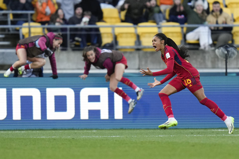 Spain's Salma Paralluelo celebrates after scoring her team's second goal during extra time play at the Women's World Cup quarterfinal soccer match between Spain and the Netherlands in Wellington, New Zealand, Friday, Aug. 11, 2023. (AP Photo/Alessandra Tarantino)