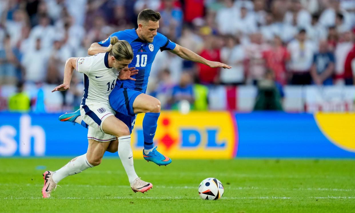 <span>Conor Gallagher is brushed aside by Slovenia’s Timi Elnik on a disheartening night for the England midfielder and his team.</span><span>Photograph: DeFodi Images/Getty Images</span>