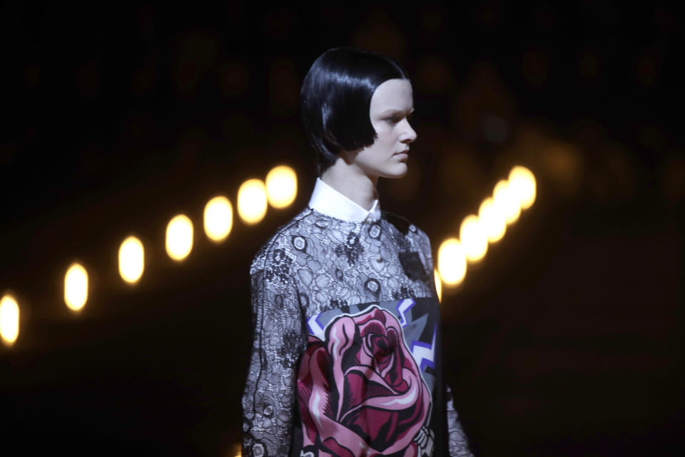 A model wears a creation as part of the Prada women's Fall-Winter 2019-2020 collection, that was presented in Milan, Italy, Thursday, Feb.21, 2019. (AP Photo/Luca Bruno)