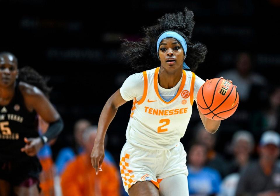 PHOTO: Tennessee Lady Vols forward Rickea Jackson (2) brings the ball up court during the women's college basketball game between the Tennessee Lady Vols and the Texas A&M Aggies, February 29, 2024, at Food City Center in Knoxville, TN. (Bryan Lynn/icon Sportswire/AP)