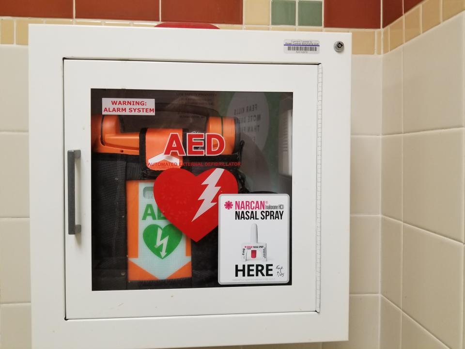Narcan devices, which deliver naloxone to reverses opioid overdoses, are available in wall-mounted AED stations inside Wellsville Central School buildings.