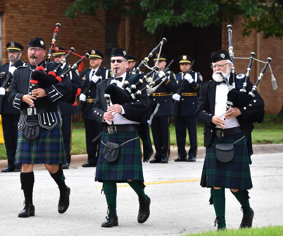 Bagpipers perform during the Wichita Falls Police Memorial Service on Monday.