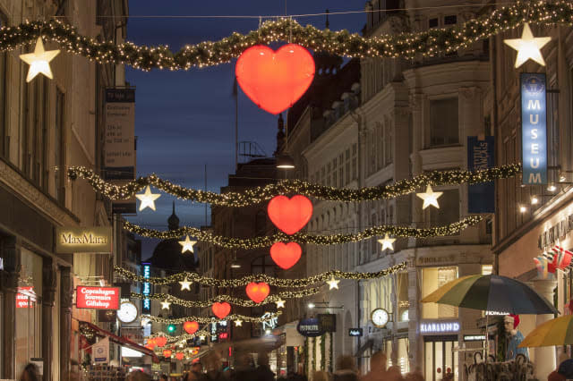 View of Strøget street, the main shopping street in Copenhagen, during the Christmas period at Night