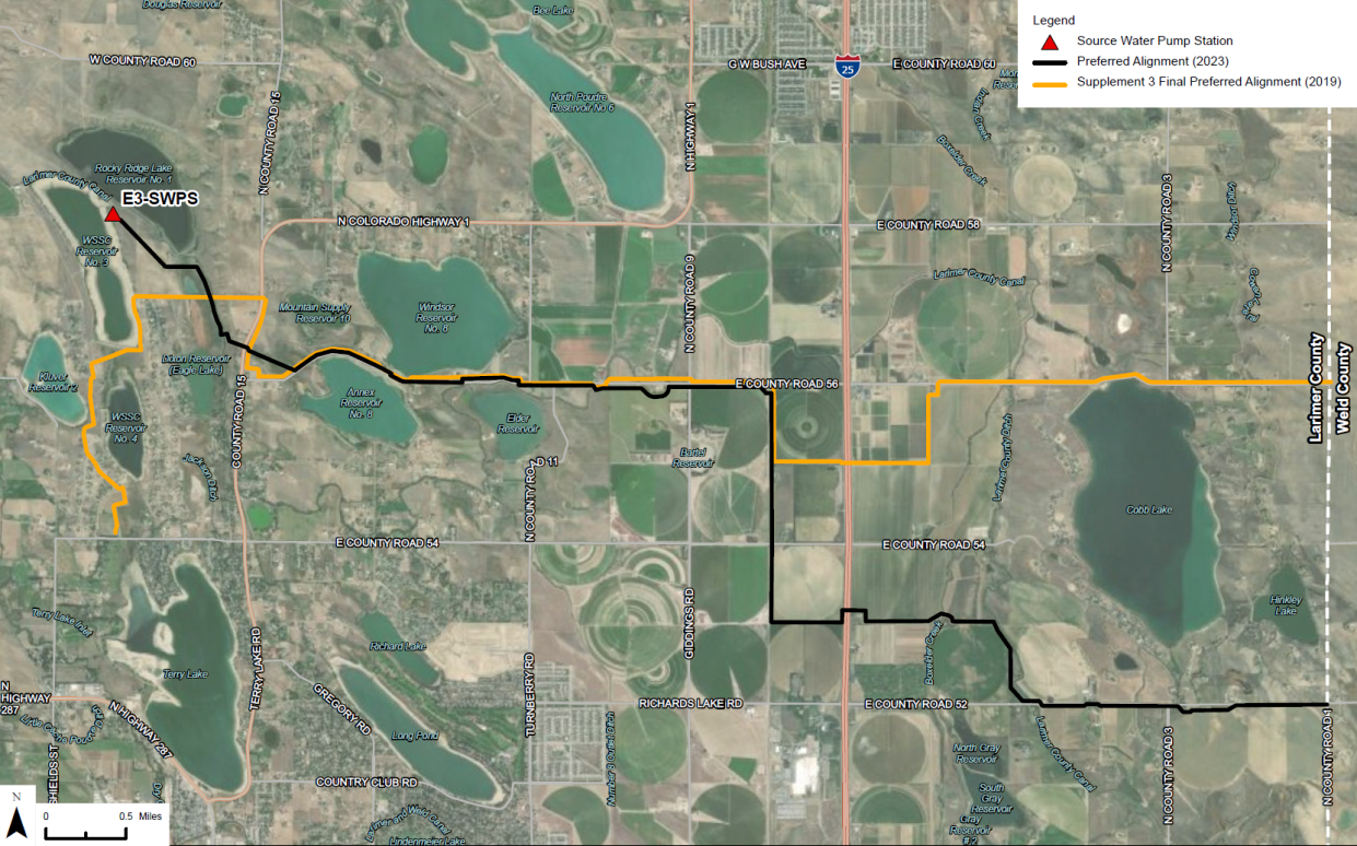 The black line in this image shows a preferred route for the Thornton water pipeline through Larimer County, as of November 2023, while the orange line is the route from the 2018 application. The new route is shorter than the last proposal and moves the pump station to a different location on land owned by Water Supply and Storage Company.