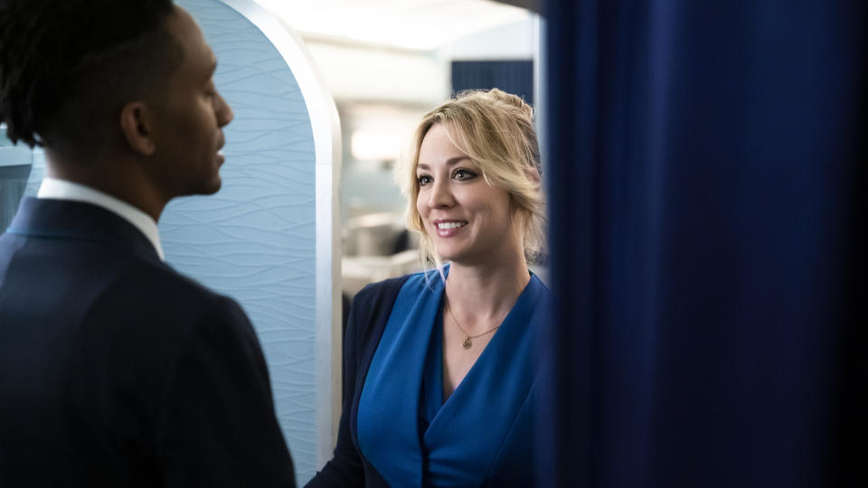 This image released by HBO Max shows Griffin Matthews, left, and Kaley Cuoco in a scene from the series "The Flight Attendant." (Phil Caruso/HBO Max via AP)