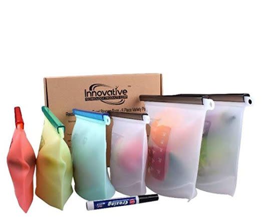 These zip seal bags come in multiple sizes and are an environmentally friendly alternative to plastic bags. <strong><a href="https://www.amazon.com/Reusable-Silicone-Food-Storage-Cooking-Bags/dp/B07BV82LMY/ref=sr_1_5?ie=UTF8&amp;qid=1547574711&amp;sr=8-5&amp;keywords=reusable+silicone+bags" target="_blank" rel="noopener noreferrer">Get them here.</a></strong>