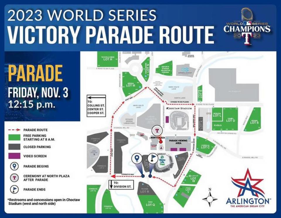 Parking map for Rangers victory parade in Arlington City of Arlington