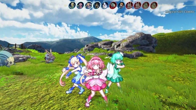 Three fairies prepare for battle in a grassy field.