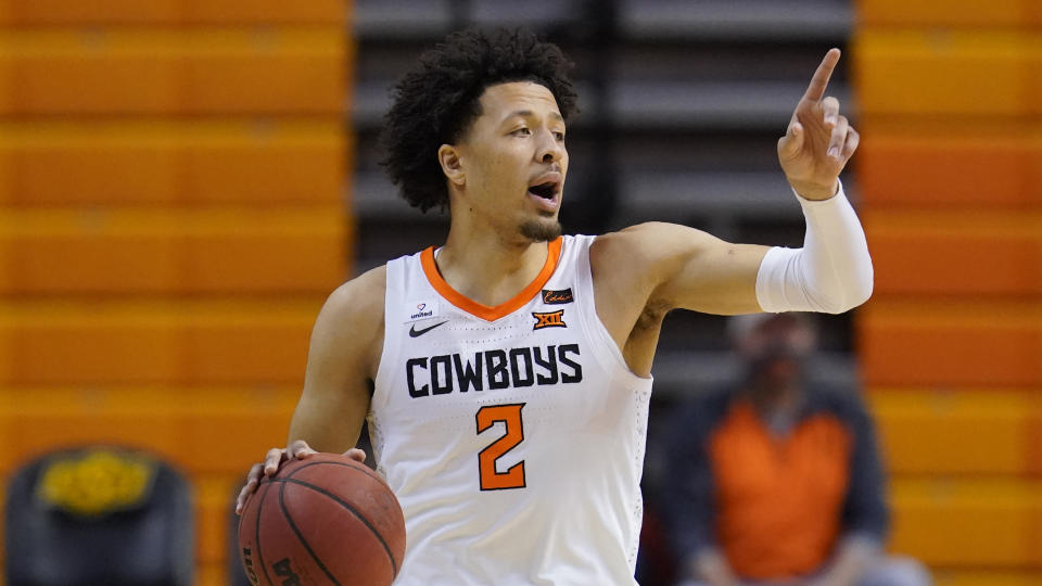 Oklahoma State guard Cade Cunningham (2) during of an NCAA college basketball game against Kansas State, Saturday, Feb. 13, 2021, in Stillwater, Okla. (AP Photo/Sue Ogrocki)