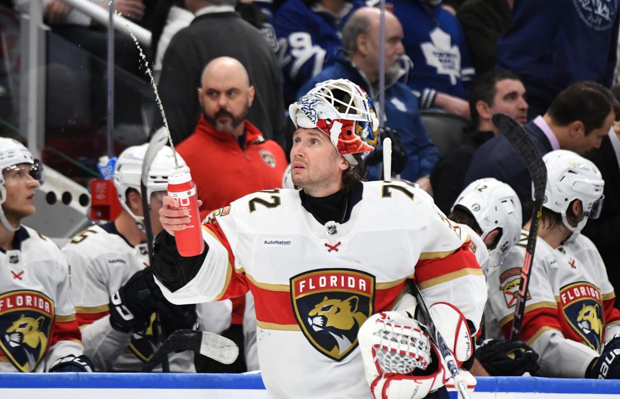 Apr 1, 2024; Toronto, Ontario, CAN; Florida Panthers goalie Sergei Bobrovsky (72) squirts water from a bottle during a time out against the Toronto Maple Leafs in the second period at Scotiabank Arena. Mandatory Credit: Dan Hamilton-USA TODAY Sports