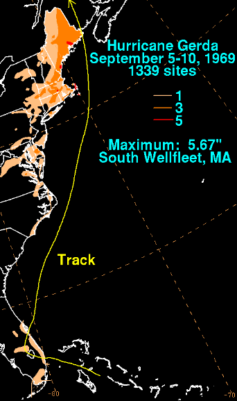 This image from the National Ocean and Atmospheric Administration shows the track that Hurricane Gerda took in September 1969 and the rainfall totals it brought to areas along the East Coast of the United States. Hurricane Gerda was the last hurricane to make direct landfall in Maine.