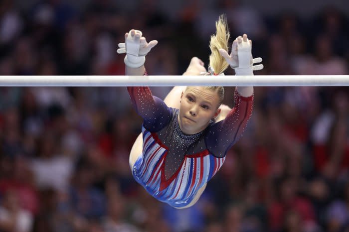 Jade Carey competes on the uneven bars during the Trials.<span class="copyright">Jamie Squire—Getty Images</span>