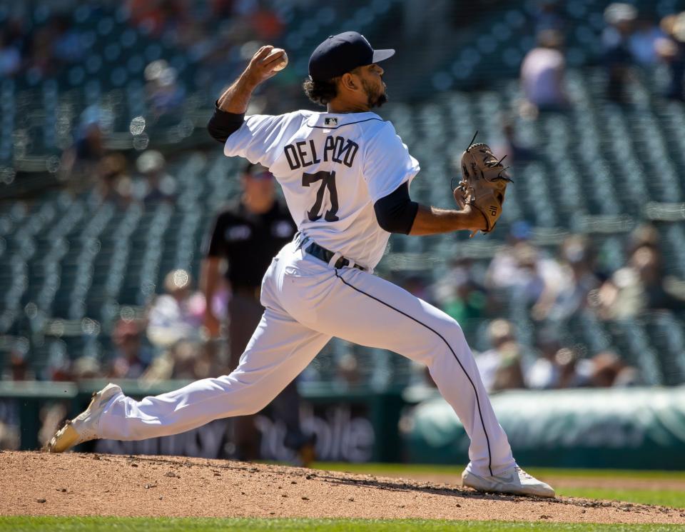 Miguel Del Pozo of the Detroit Tigers pitches in the fourth inning against the Oakland Athletics at Comerica Park on Sept. 2, 2021 in Detroit.