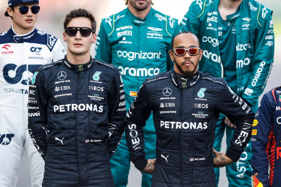 George Russell and Lewis Hamilton before the Bahrain Grand Prix in 2023.