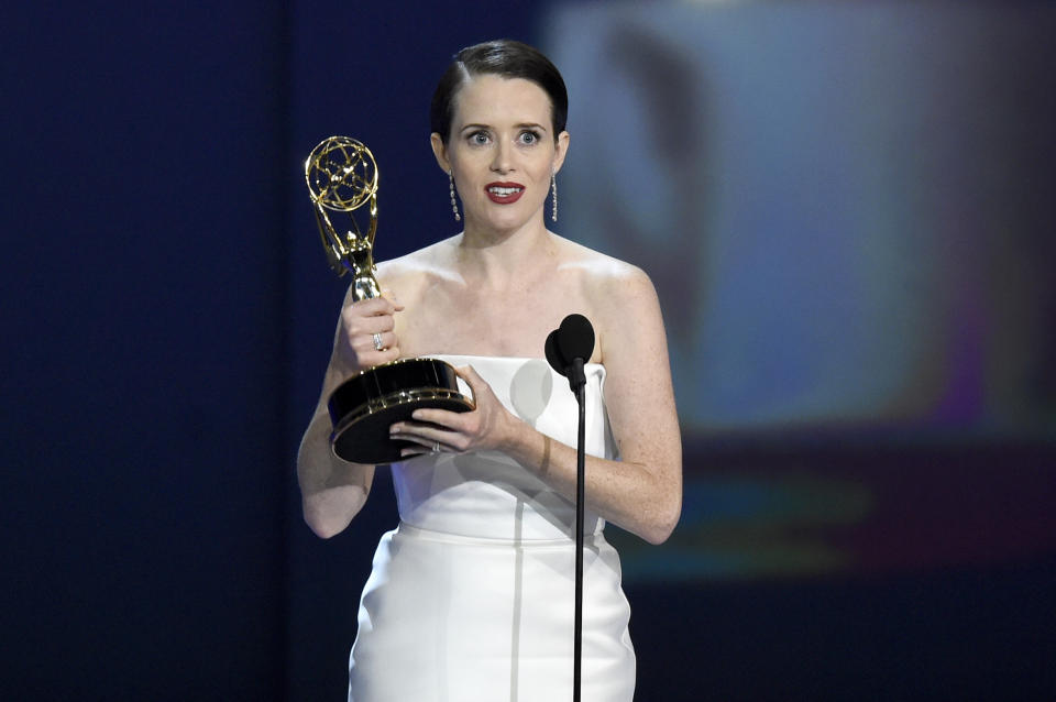 Claire Foy accepts the award for outstanding lead actress in a drama series for <i>The Crown</i> at the 70th Primetime Emmy Awards on Monday, Sept. 17, 2018, at the Microsoft Theater in Los Angeles. (Photo by Chris Pizzello/Invision/AP)