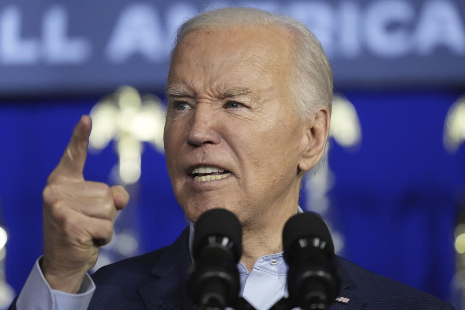 President Joe Biden speaks at a campaign event, Tuesday, April 16, 2024, in Scranton, Pa. Biden has begun three straight days of campaigning in Pennsylvania in his childhood hometown of Scranton. The Democratic president is using the working class city of roughly 75,000 as the backdrop for his pitch for higher taxes on the wealthy. (AP Photo/Alex Brandon)