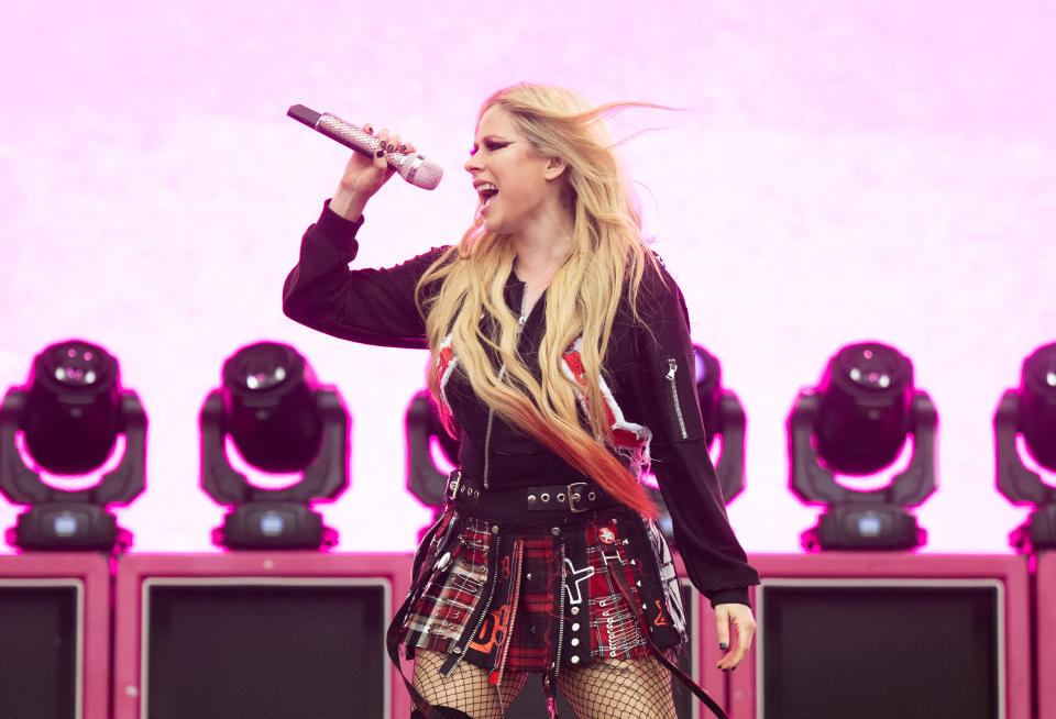Avril Lavigne performs on the Other stage during day five of Glastonbury Festival 2024 at Worthy Farm, Pilton on June 30, 2024 in Glastonbury, England. Founded by Michael Eavis in 1970, Glastonbury Festival features around 3,000 performances across over 80 stages. Renowned for its vibrant atmosphere and iconic Pyramid Stage, the festival offers a diverse lineup of music and arts, embodying a spirit of community, creativity, and environmental consciousness. (Photo by Samir Hussein/WireImage)