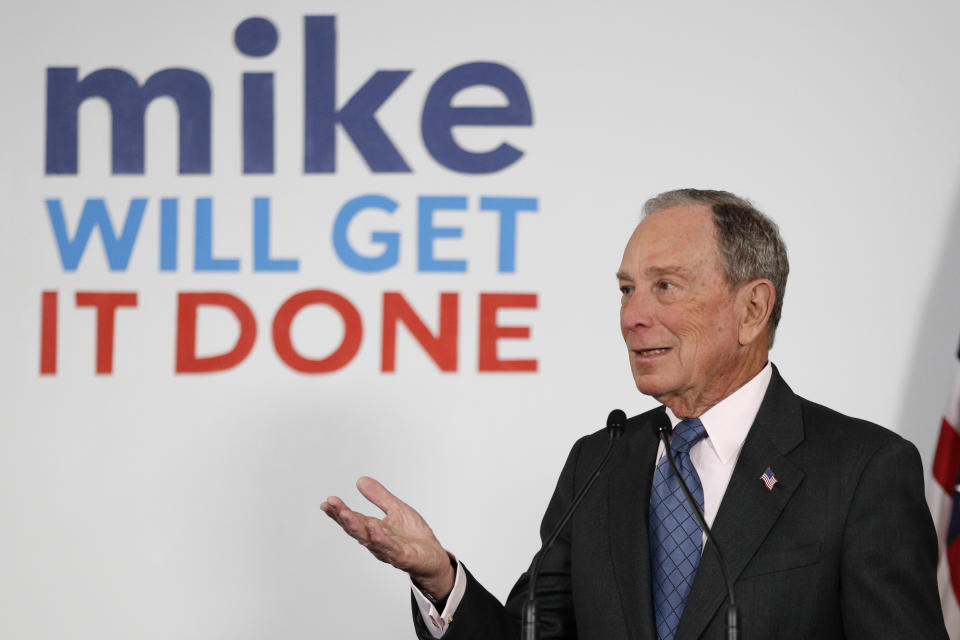 FILE - In this Jan. 27, 2020, file photo, Democratic presidential candidate and former New York City Mayor Michael Bloomberg speaks to supporters at a campaign office, Monday, Jan. 27, 2020, in Scarborough, Maine. (AP Photo/Robert F. Bukaty, File)