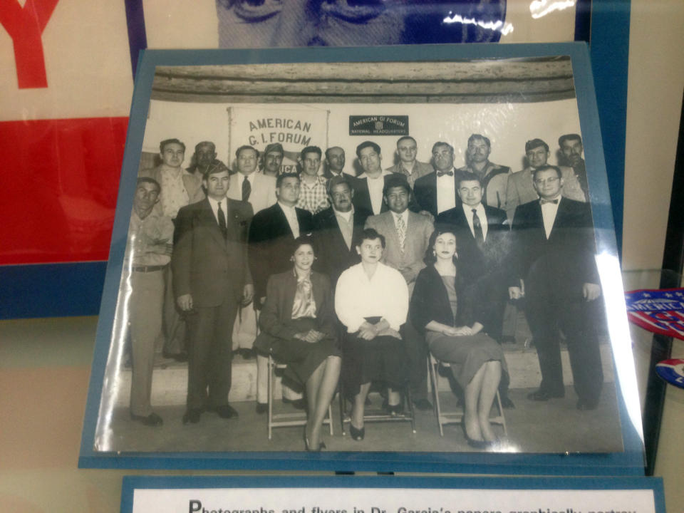 In this March 14, 2013 photo, a photo of civil rights leader and G.I. Forum founder Dr. Hector P. Garcia is shown at the Garcia exhibit at Texas A&M-Corpus Christi, Texas. The coastal Texas city's deep roots in Mexican American history is often overlooked as visitors mainly come here for a quick beach getaway. (AP Photo/Russell Contreras)