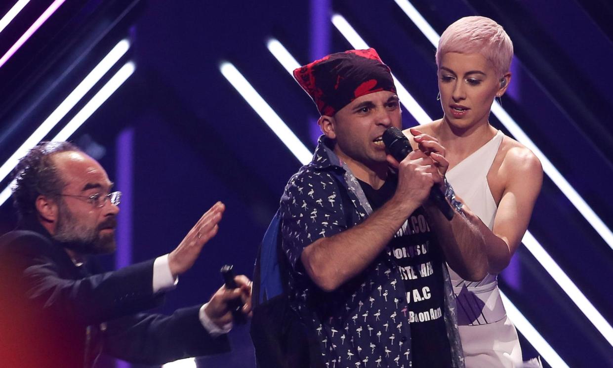 <span>SuRie’s 2018 performance was interrupted by a stage invader who addressed ‘Nazis of the UK media’.</span><span>Photograph: José Sena Goulão/EPA</span>
