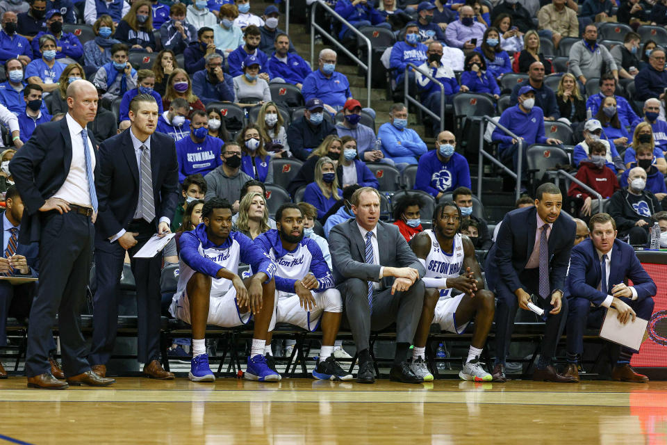 The Seton Hall Pirates' three-man bench looks on during the first half against the Villanova Wildcats at Prudential Center.