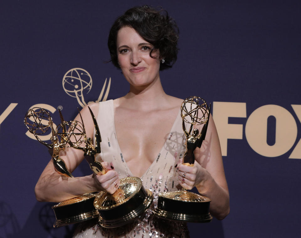 71st Primetime Emmy Awards - Photo Room – Los Angeles, California, U.S., September 22, 2019 - Phoebe Waller-Bridge poses backstage with her Outstanding Leading Actress in a Comedy Series and Outstanding Writing for a Comedy Series awards for “Fleabag”. REUTERS/Monica Almeida