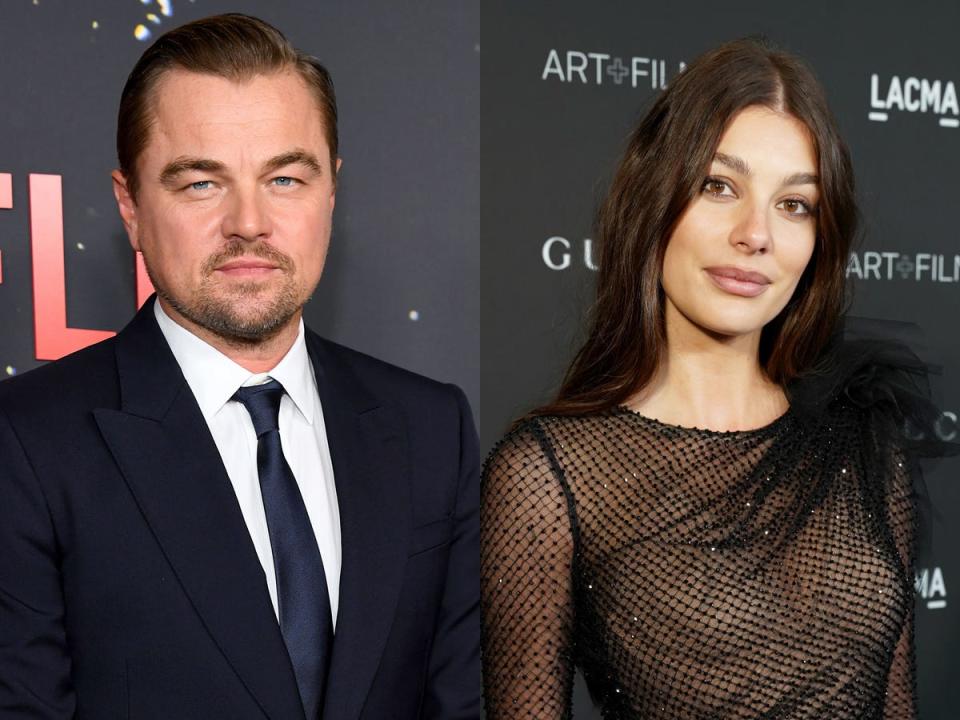 A side-by-side image of Leonardo DiCaprio, in a dark suit, and Camila Morrone, in a sheer black gown.