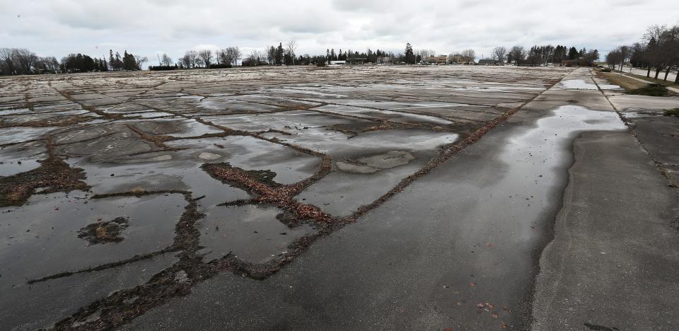 Weeds grow between the cracks in the asphalt at the former Manitowoc Mall, Thursday, April 4, 2024, in Manitowoc, Wis.