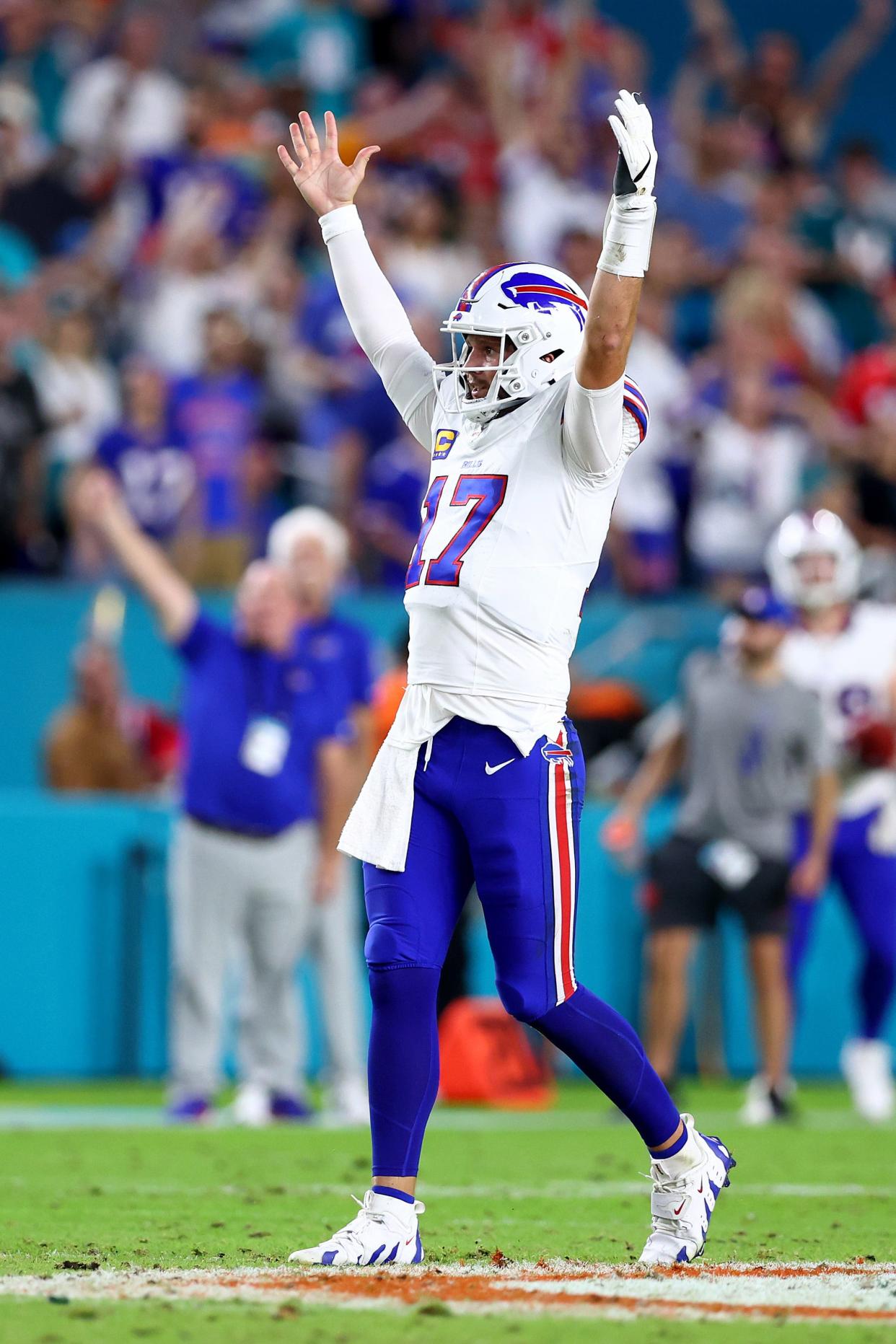 Josh Allen celebrates a touchdown against the Miami Dolphins during the second quarter.