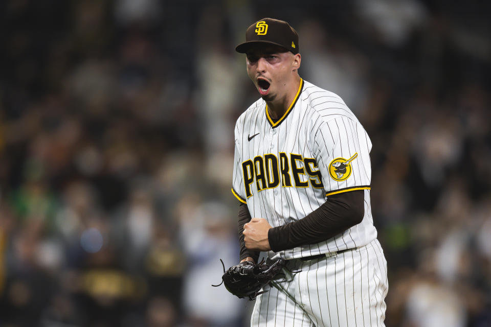 Blake Snell of the San Diego Padres celebrates at the end of the seventh inning against the New York Mets at Petco Park on June 4, 2021 in San Diego, California.