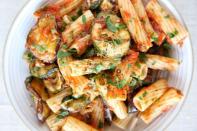 <p>Grilled courgette and aubergine make this pasta into a hearty meal.</p><p>Get the <a href="https://www.delish.com/uk/cooking/recipes/a28960347/grilled-vegetable-rigatoni-recipe/" rel="nofollow noopener" target="_blank" data-ylk="slk:Grilled Vegetable Rigatoni;elm:context_link;itc:0;sec:content-canvas" class="link ">Grilled Vegetable Rigatoni</a> recipe.</p>