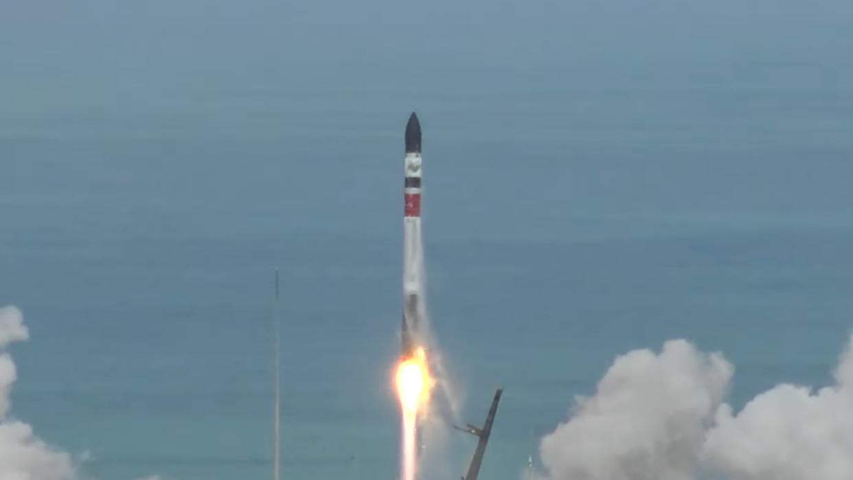  A Rocket Lab Electron booster with one preflown engine launches from New Zealand on Aug. 23, 2023. 