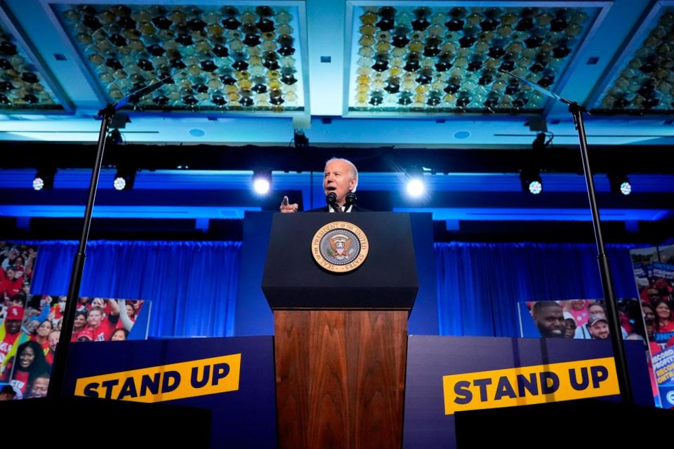 PHOTO: President Joe Biden speaks during a United Auto Workers' political convention in Washington D.C., Jan. 24, 2024. (Alex Brandon/AP)