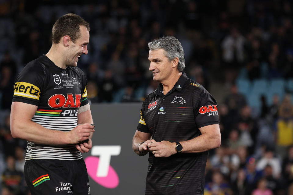 Isaah Yeo and Ivan Cleary, pictured here after Penrith's win over Parramatta in the NRL grand final.